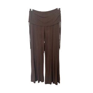 Jayli Brown Wide-Leg Rayon Pants With Fold-Over Waistband